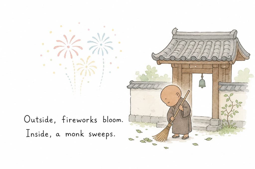 Outside, fireworks bloom. Inside, a monk sweeps.