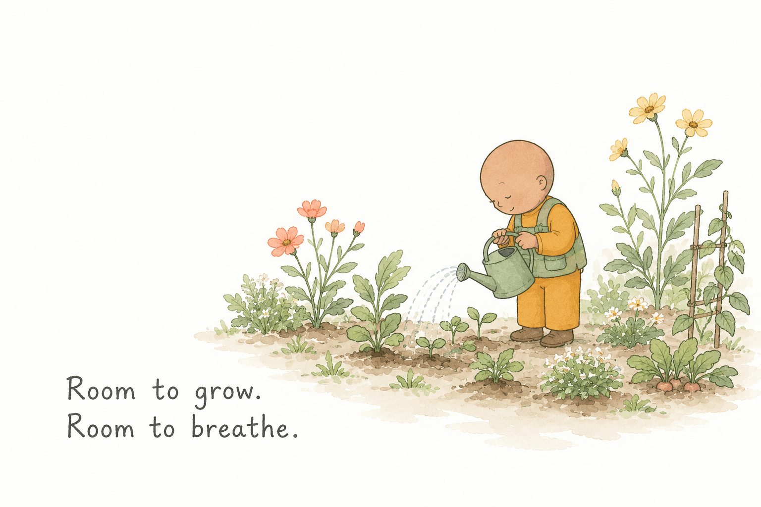 A young monk waters a garden of plants at different heights, beside the words "Room to grow. Room to breathe."